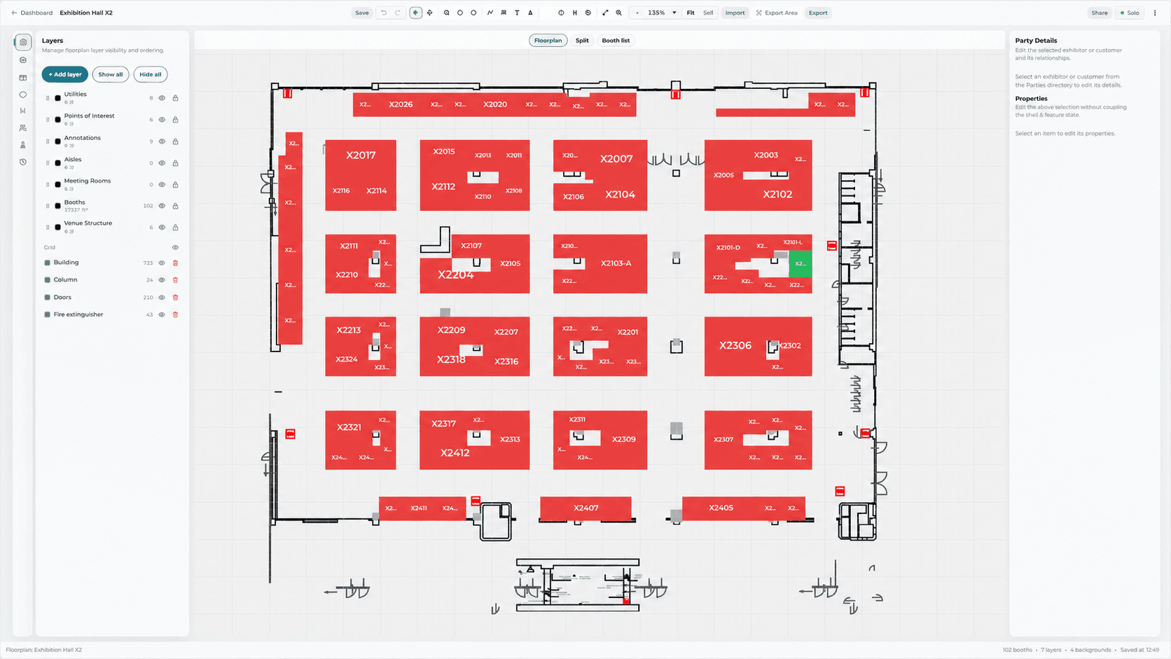 The Floorplan by Toddoo editor showing an exhibition hall, venue layers, booth inventory, and editing tools.